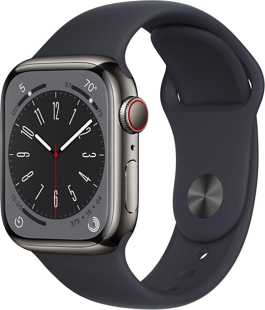 Apple Watch Series 8 (نظام تحديد المواقع، خلوي) بسوار رياضي من الستانلس ستيل - 45 مم